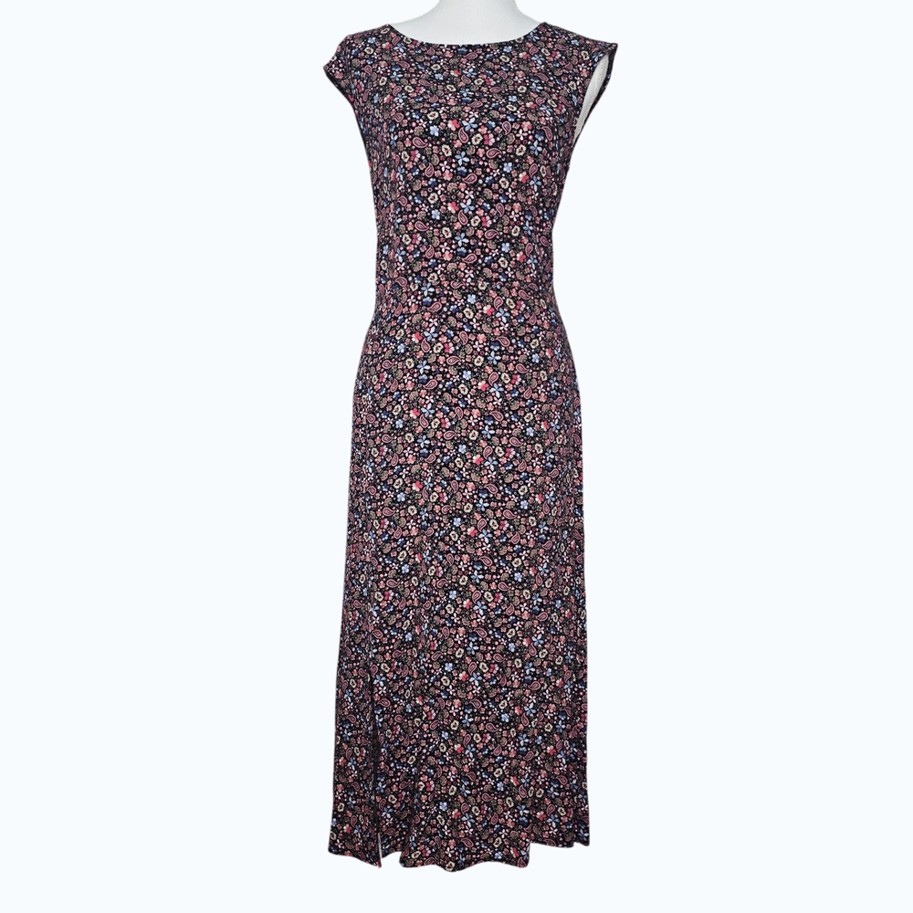 LOFT 90's Pink and Black Floral Cap-Sleeve Maxi Dress